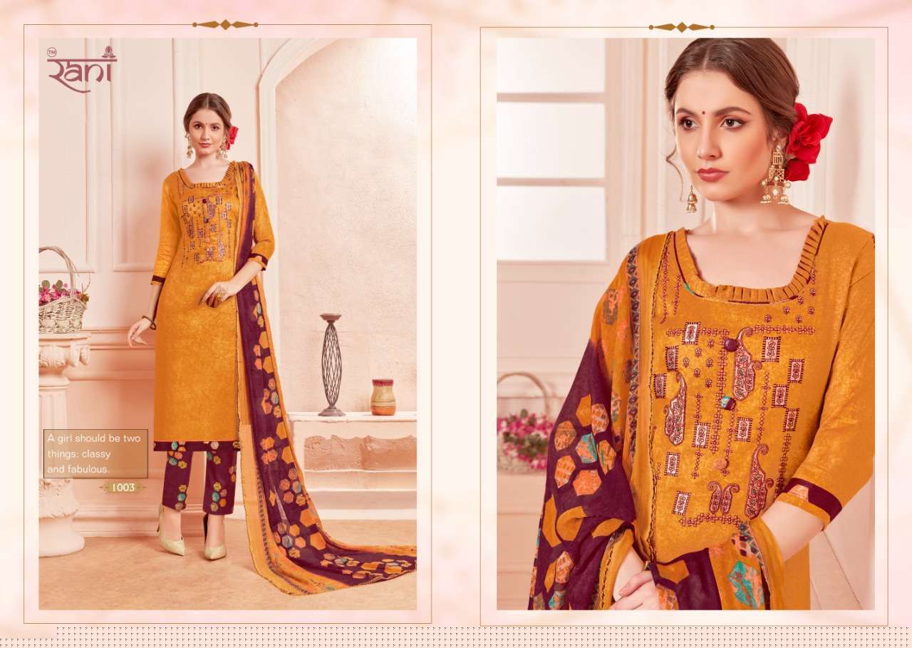 KAIRA BY RANI FASHION 1001 TO 1010 SERIES BEAUTIFUL SUITS STYLISH FANCY COLORFUL PARTY WEAR & OCCASIONAL WEAR COTTON SATIN PRINTED WITH EMBROIDERY DRESSES AT WHOLESALE PRICE